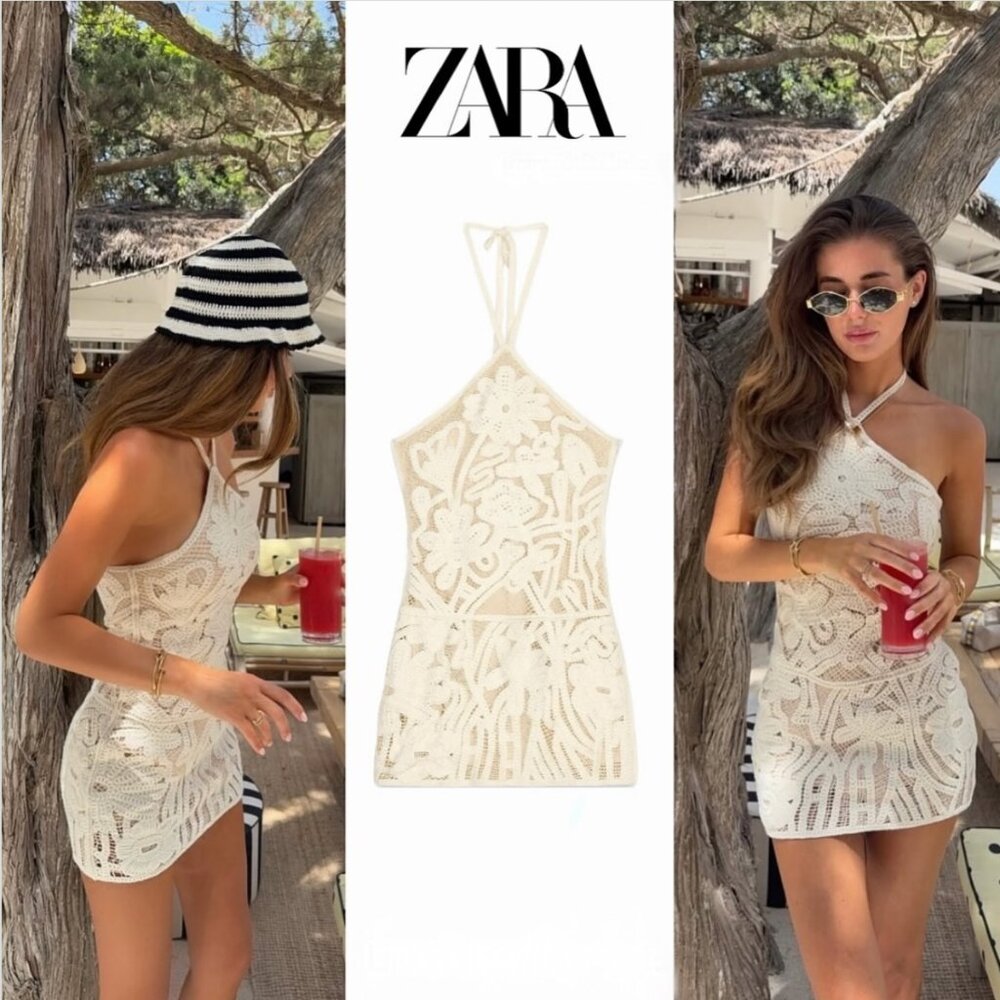 ZARA ZW NEW WOMAN SHORT EMBROIDERED HALTER VIRAL DRESS STRAW M5070/190  M L